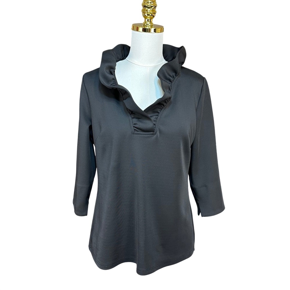 Gretchen Scott Black Ruffle Neck Tunic Top 3/4 Sleeve Pink Lining Womens Large